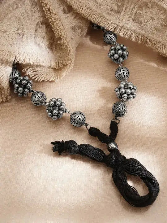 Women Brass Oxidised Beaded Statement Long Necklace