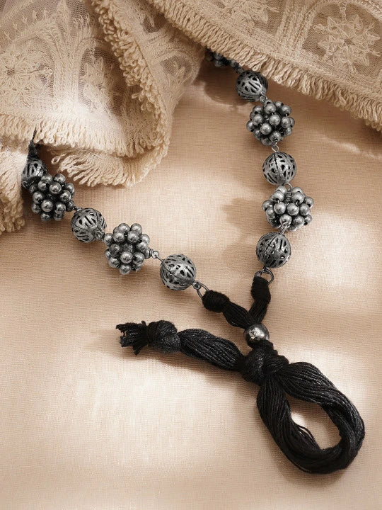 Women Brass Oxidised Beaded Statement Long Necklace