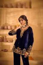 Pure Velvet Embroidered Top & Palazzo Set with Matching Potli