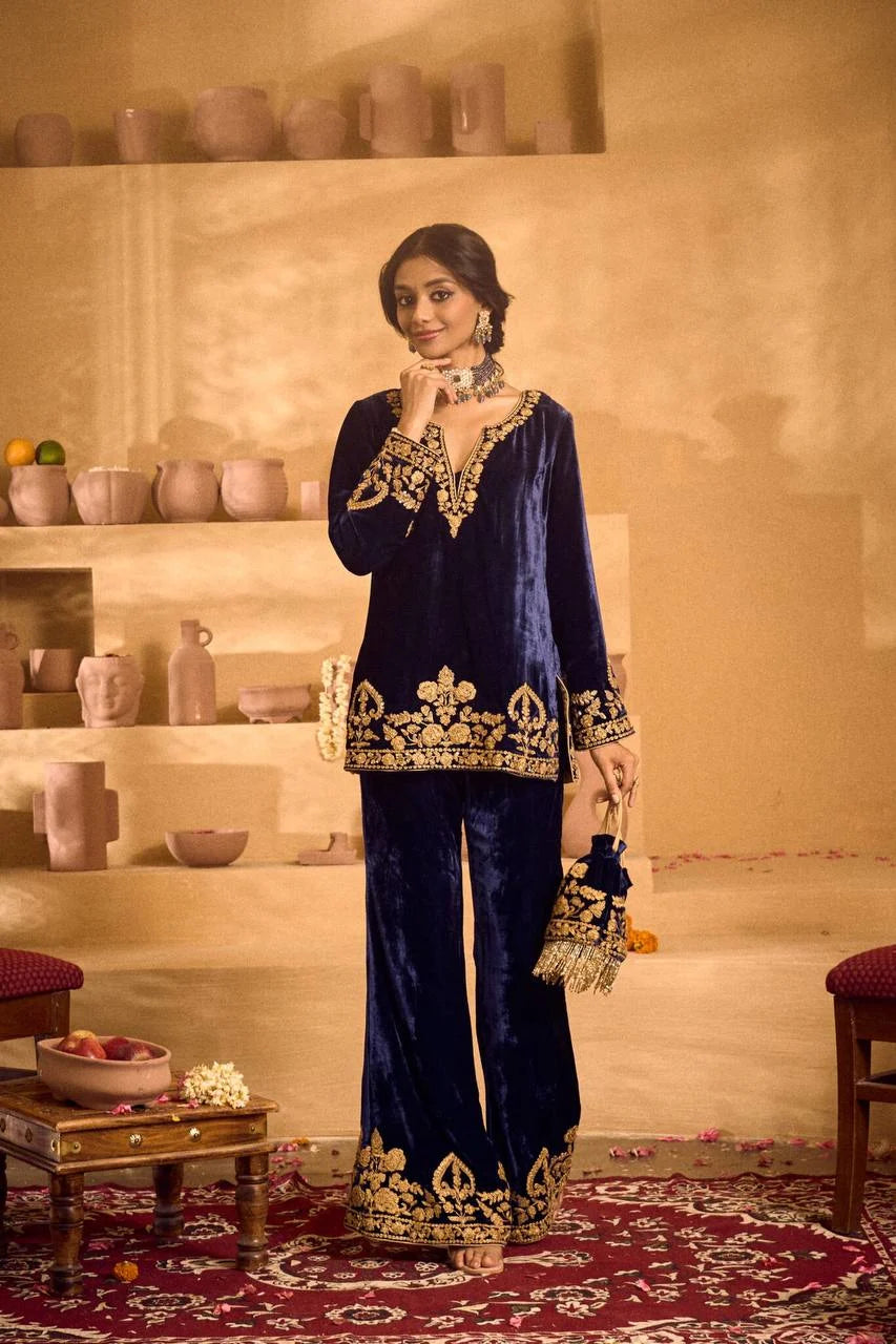 Pure Velvet Embroidered Top & Palazzo Set with Matching Potli