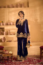 Pure Velvet Embroidered Top & Palazzo Set with Matching Potli