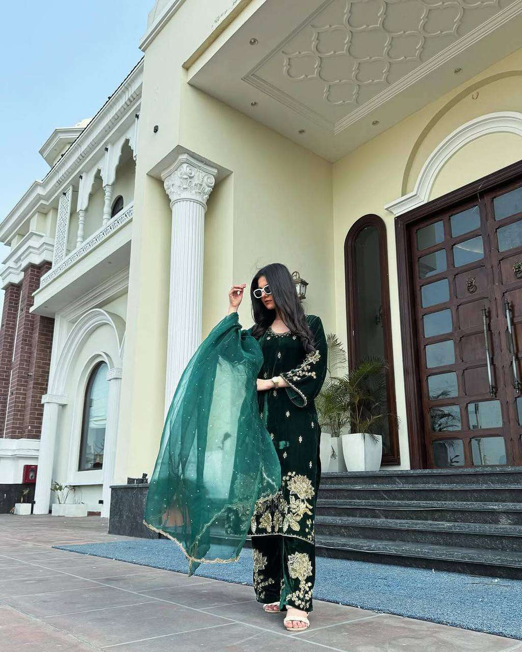 Pure Heavy Velvet Embroidered Suit with Sequins &amp; Net Dupatta