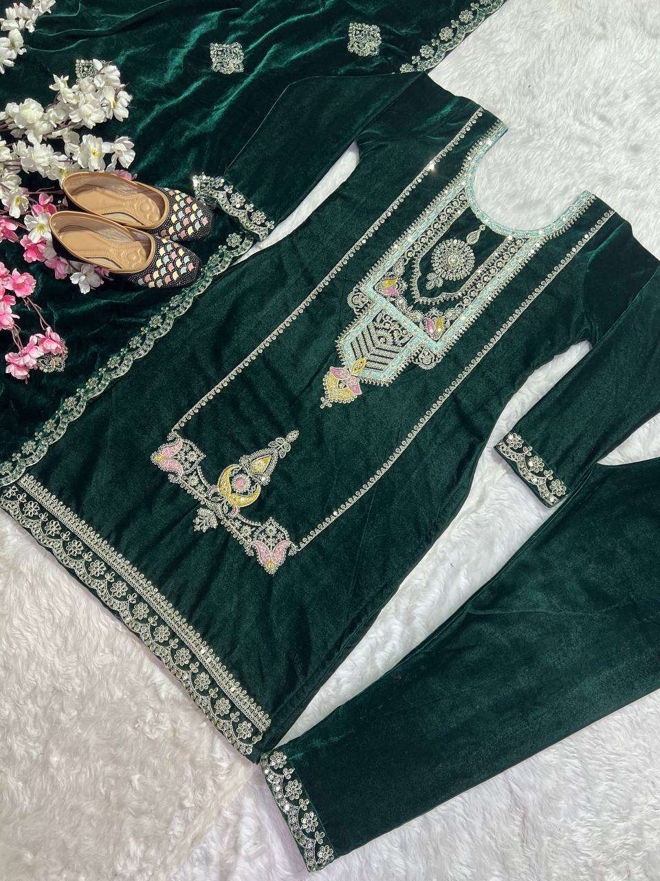 Green Heavy Velvet Party Wear Set - Festive & Wedding Collection