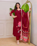 Premium Burgundy Maslin Silk Suit with Floral Print & Handwork Neckline