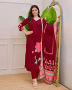 Premium Burgundy Maslin Silk Suit with Floral Print & Handwork Neckline
