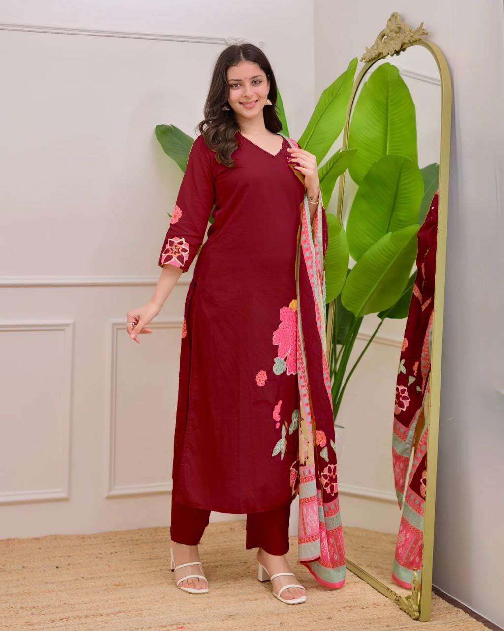 Premium Burgundy Maslin Silk Suit with Floral Print & Handwork Neckline