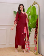 Premium Burgundy Maslin Silk Suit with Floral Print & Handwork Neckline