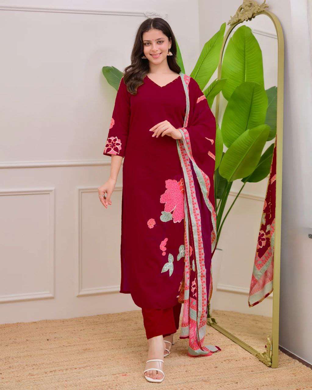 Premium Burgundy Maslin Silk Suit with Floral Print & Handwork Neckline