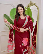 Premium Burgundy Maslin Silk Suit with Floral Print & Handwork Neckline