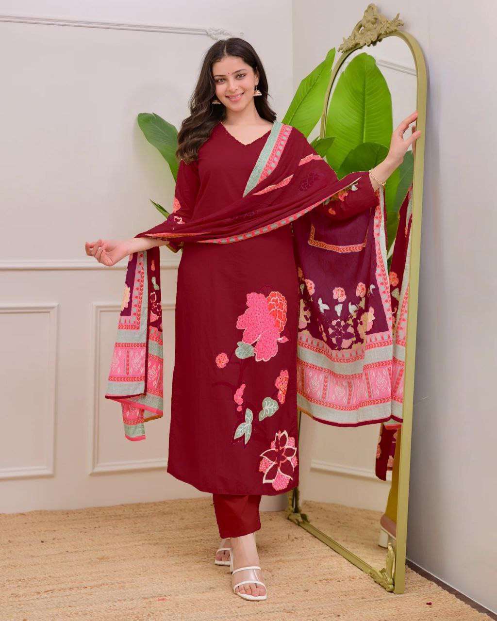 Premium Burgundy Maslin Silk Suit with Floral Print & Handwork Neckline