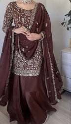 Elegant Seal Brown Georgette Top & Sharara Set Perfect for Wedding