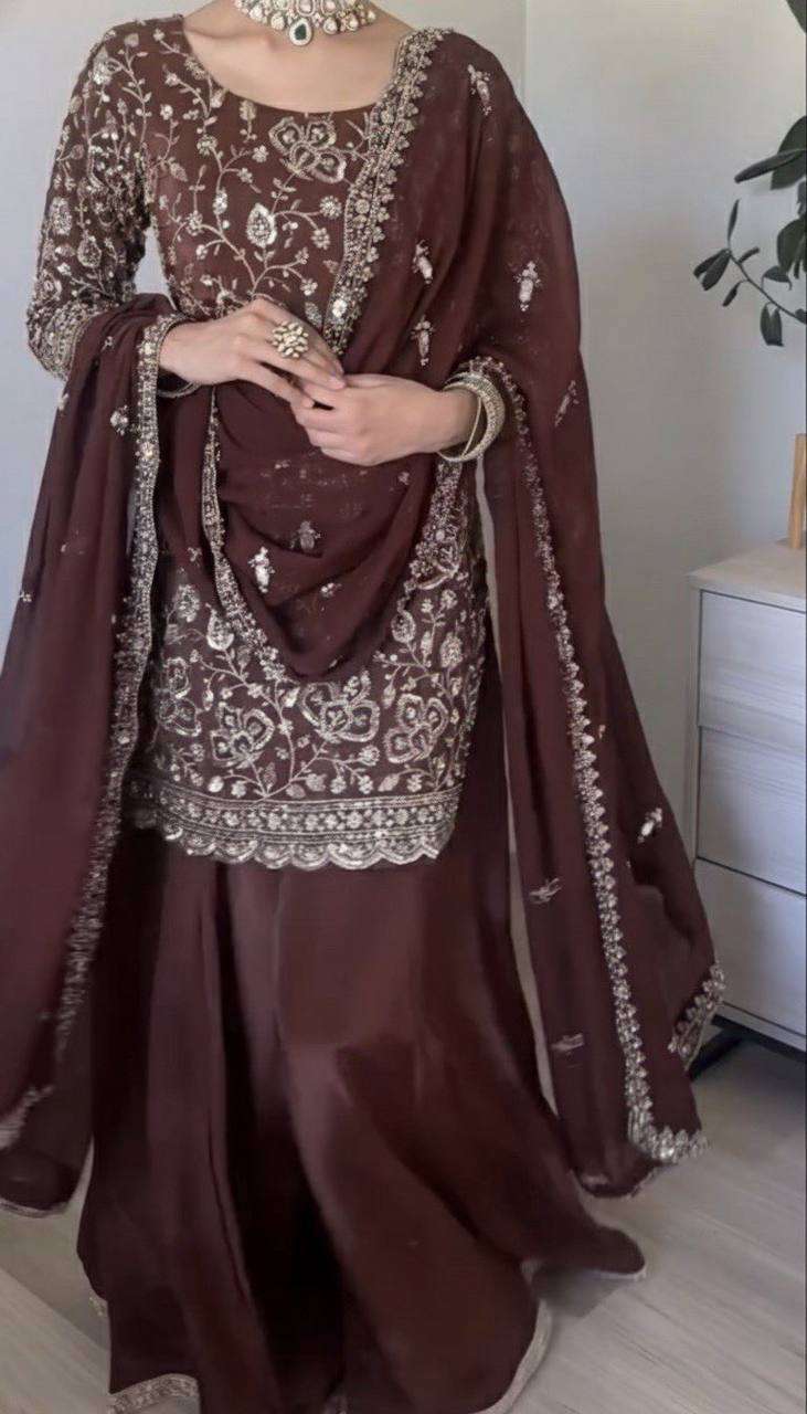 Elegant Seal Brown Georgette Top & Sharara Set Perfect for Wedding