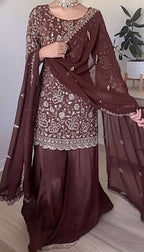 Elegant Seal Brown Georgette Top & Sharara Set Perfect for Wedding