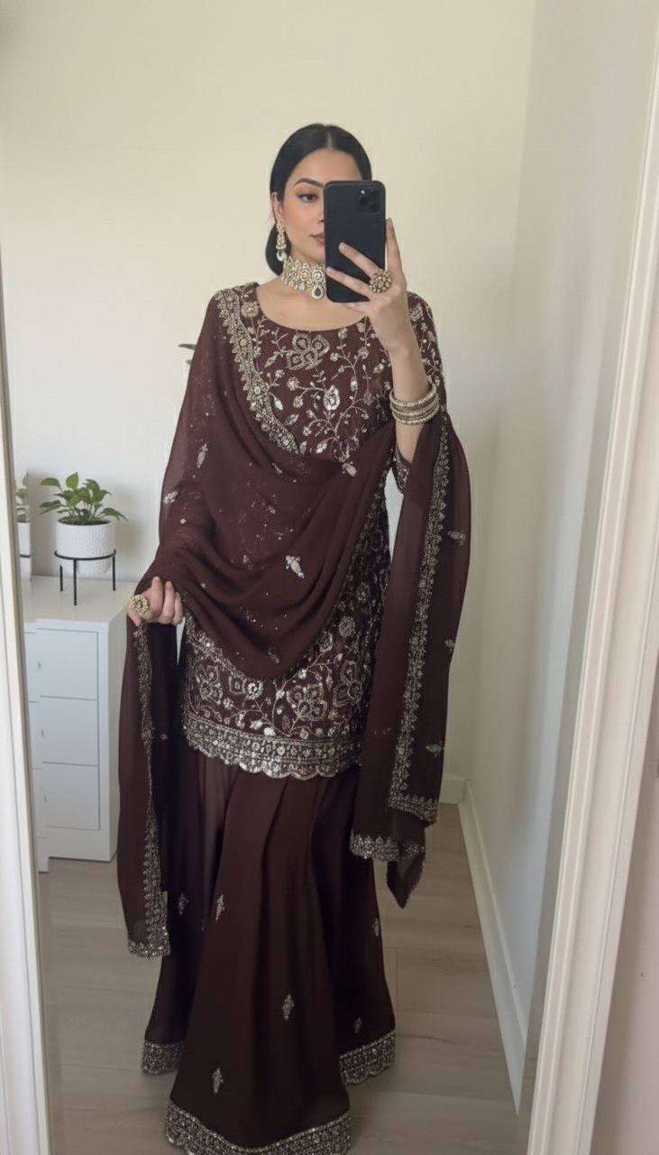 Elegant Seal Brown Georgette Top & Sharara Set Perfect for Wedding