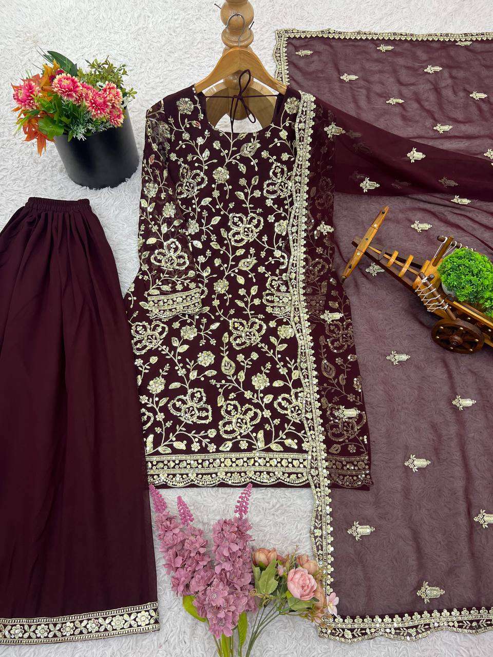 Elegant Seal Brown Georgette Top & Sharara Set Perfect for Wedding