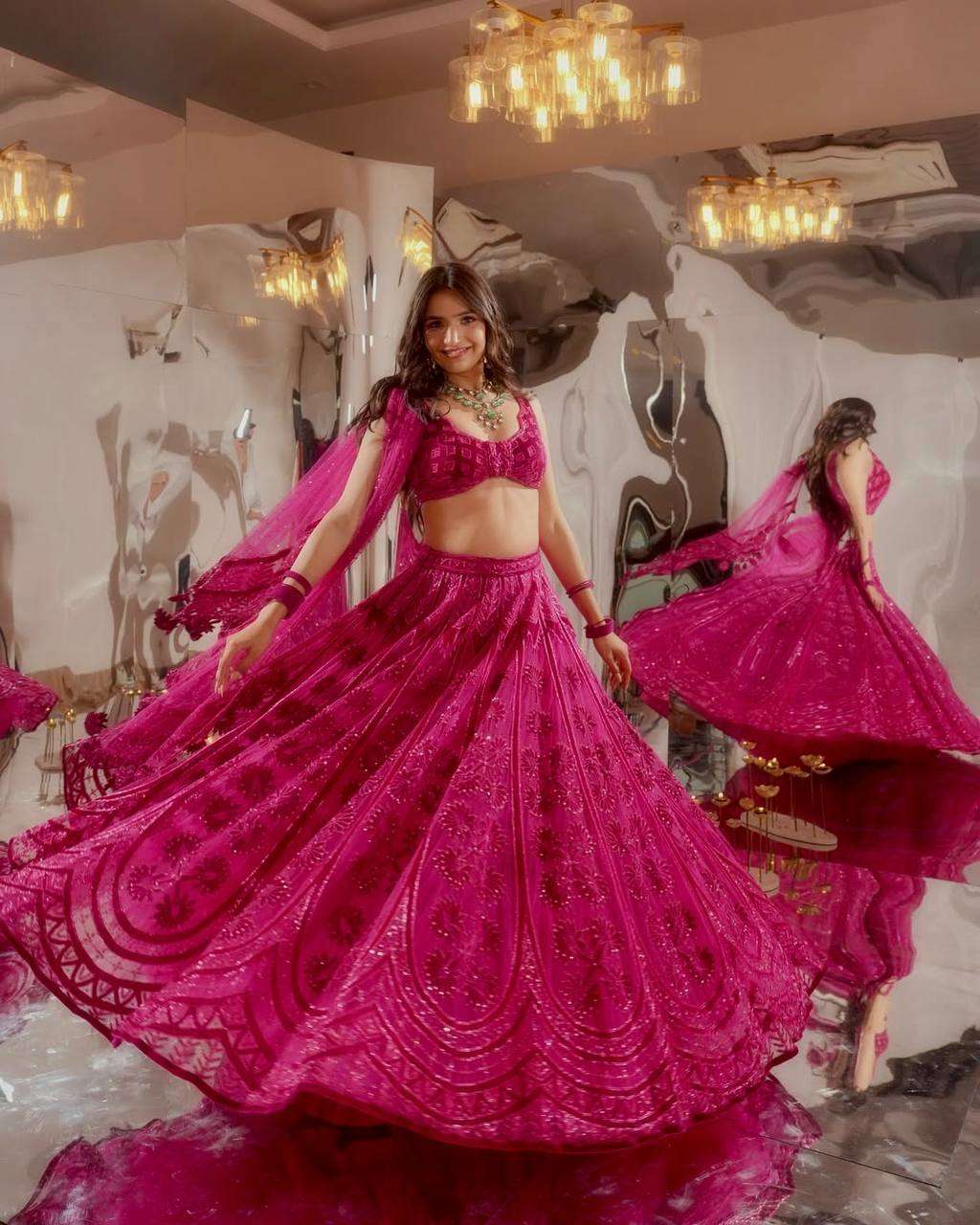 Berry Pink Kasturi Silk Lehenga with Heavy Embroidery &amp; Velvet Blouse