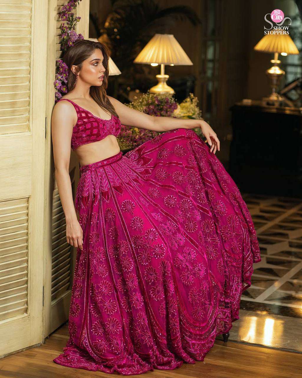 Berry Pink Kasturi Silk Lehenga with Heavy Embroidery &amp; Velvet Blouse