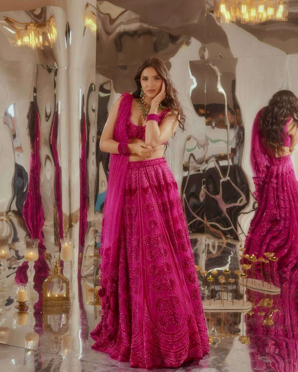 Berry Pink Kasturi Silk Lehenga with Heavy Embroidery &amp; Velvet Blouse