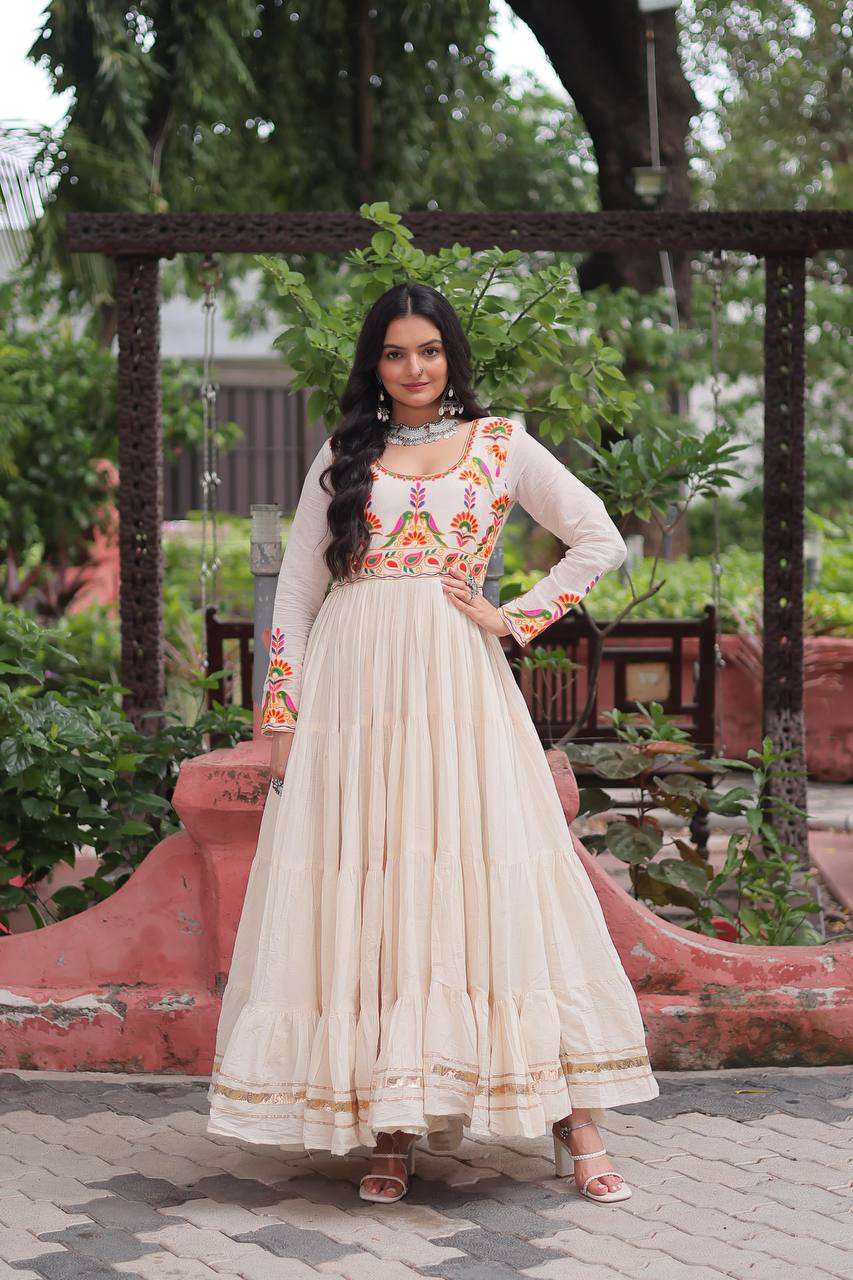 Off-White Kora Cotton Gown: Multi-Thread Navratri Edition