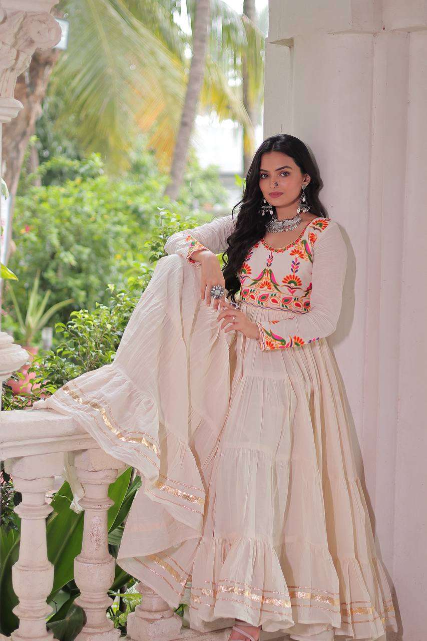 Off-White Kora Cotton Gown: Multi-Thread Navratri Edition