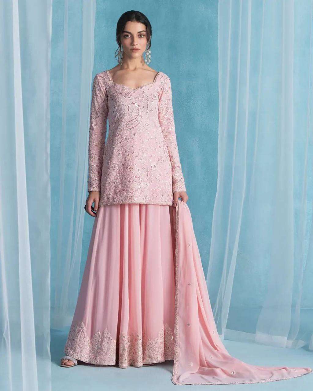 Soft Pink Party Suit: Sequin Kurti Palazzo Dupatta Edition