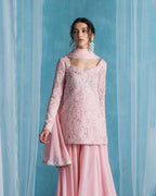 Soft Pink Party Suit: Sequin Kurti Palazzo Dupatta Edition