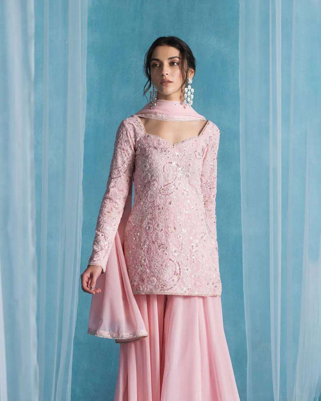Soft Pink Party Suit: Sequin Kurti Palazzo Dupatta Edition