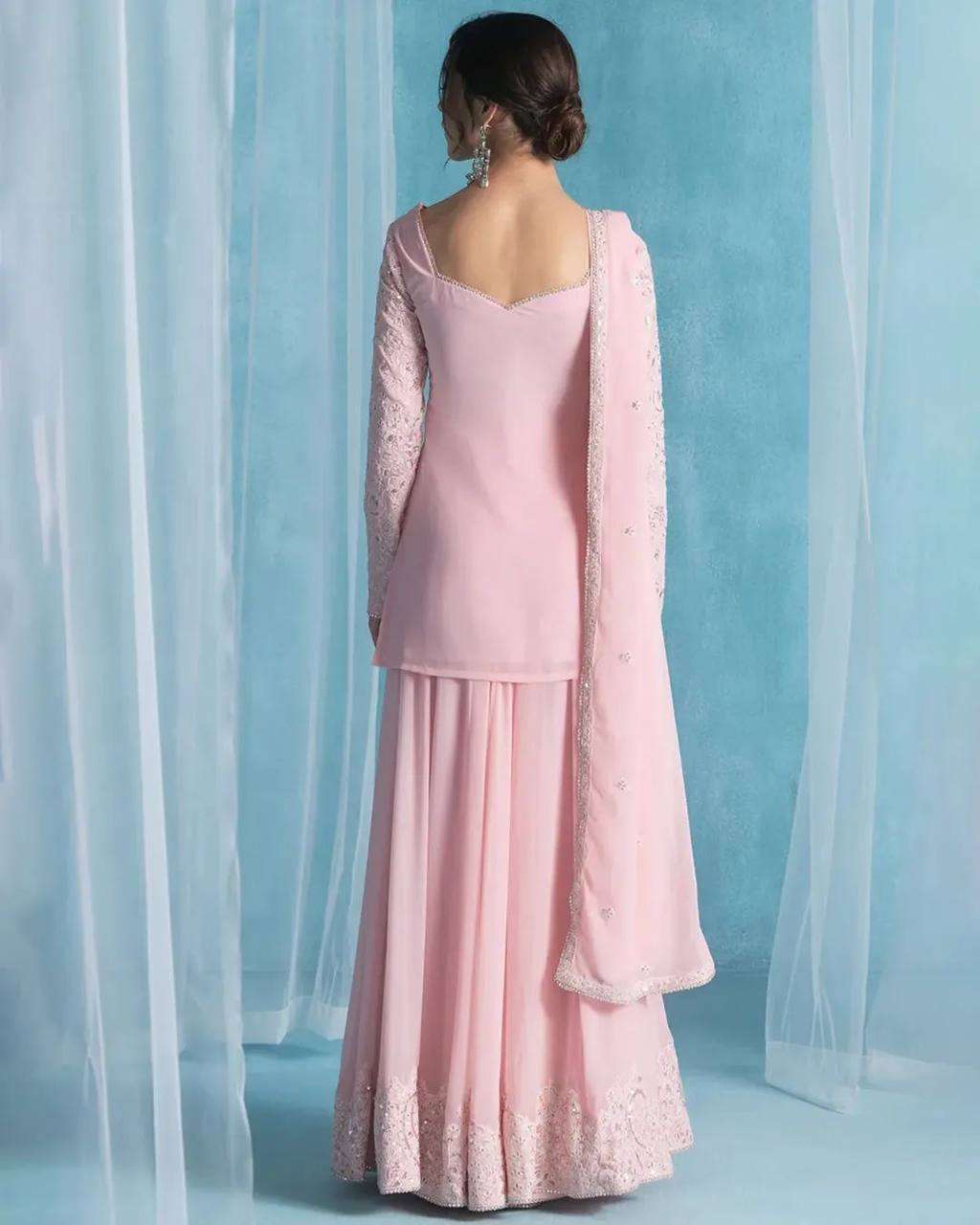 Soft Pink Party Suit: Sequin Kurti Palazzo Dupatta Edition
