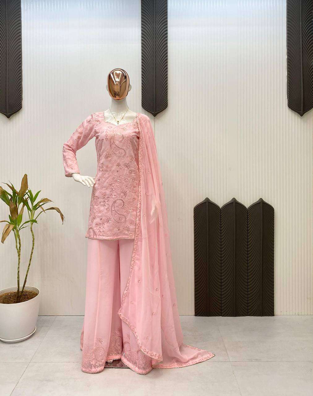 Soft Pink Party Suit: Sequin Kurti Palazzo Dupatta Edition