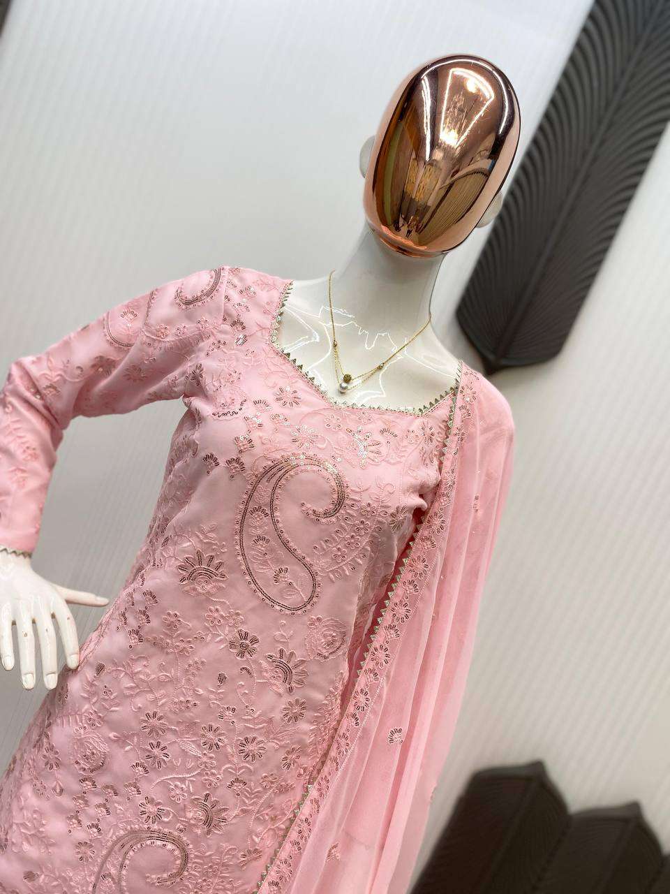 Soft Pink Party Suit: Sequin Kurti Palazzo Dupatta Edition