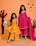 Girls' Festive Printed Gown Sharara Set with Mirror Work & Dupatta