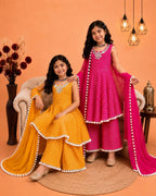 Girls' Festive Printed Gown Sharara Set with Mirror Work & Dupatta