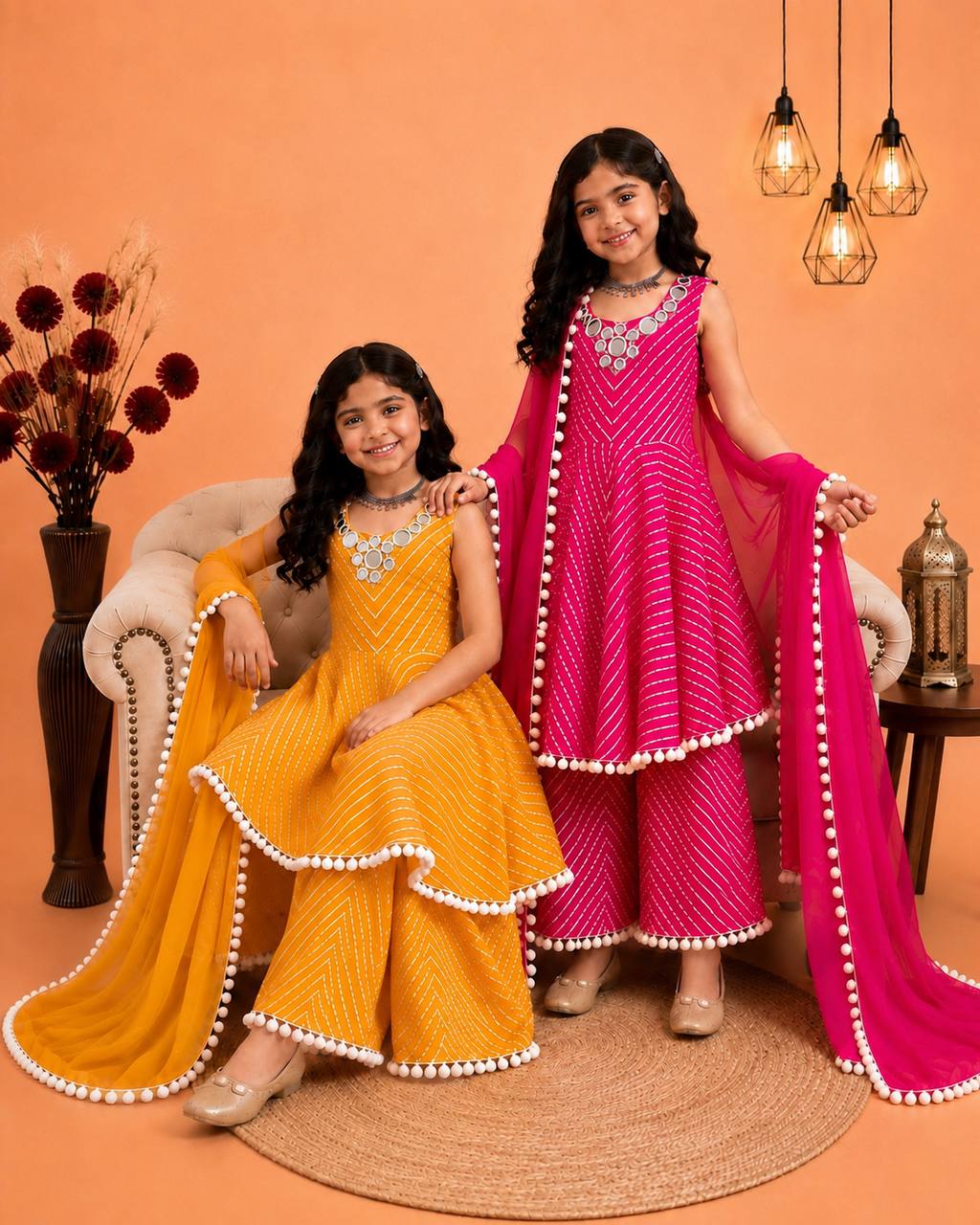 Girls' Festive Printed Gown Sharara Set with Mirror Work & Dupatta