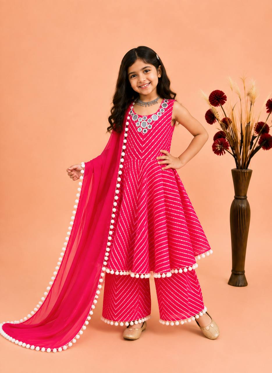Girls' Festive Printed Gown Sharara Set with Mirror Work & Dupatta