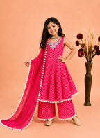 Girls' Festive Printed Gown Sharara Set with Mirror Work & Dupatta