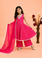 Girls' Festive Printed Gown Sharara Set with Mirror Work & Dupatta