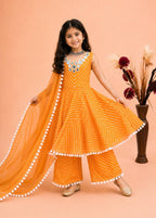 Girls' Festive Printed Gown Sharara Set with Mirror Work & Dupatta