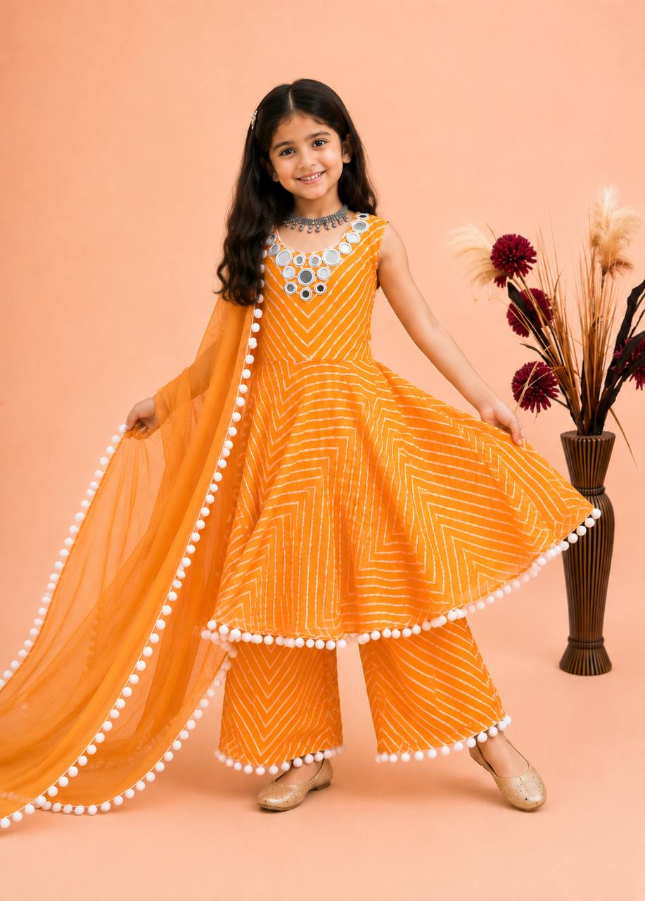 Girls' Festive Printed Gown Sharara Set with Mirror Work & Dupatta