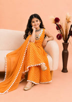 Girls' Festive Printed Gown Sharara Set with Mirror Work & Dupatta