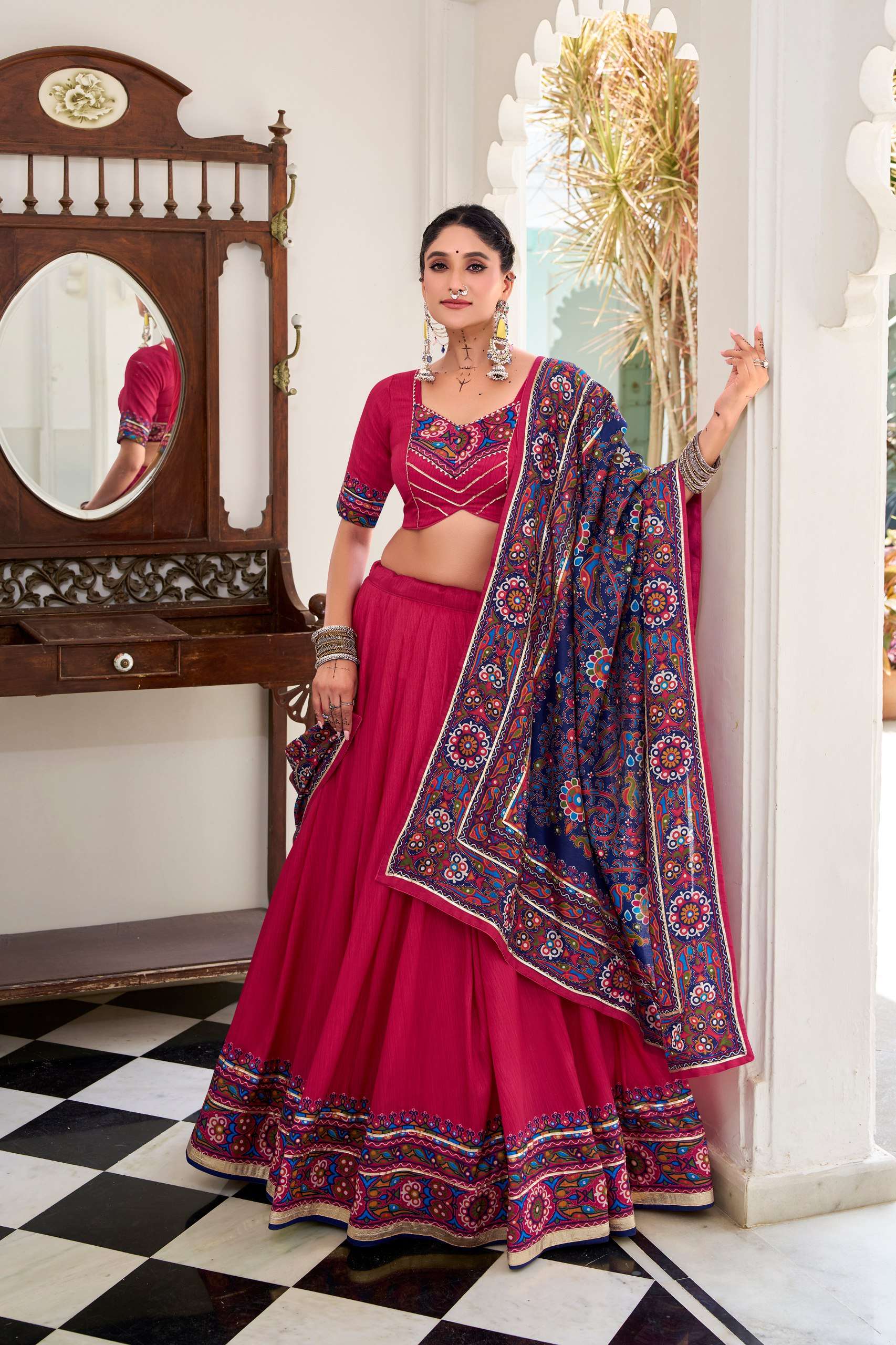Pink Tassar Silk Gamthi Print Lehenga Choli for Navratri Garba