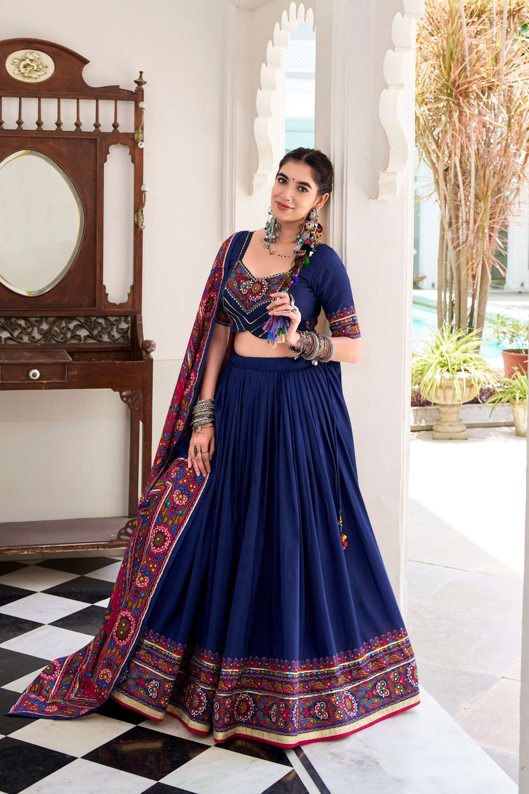 Blue Tassar Silk Gamthi Print Lehenga Choli for Navratri Garba