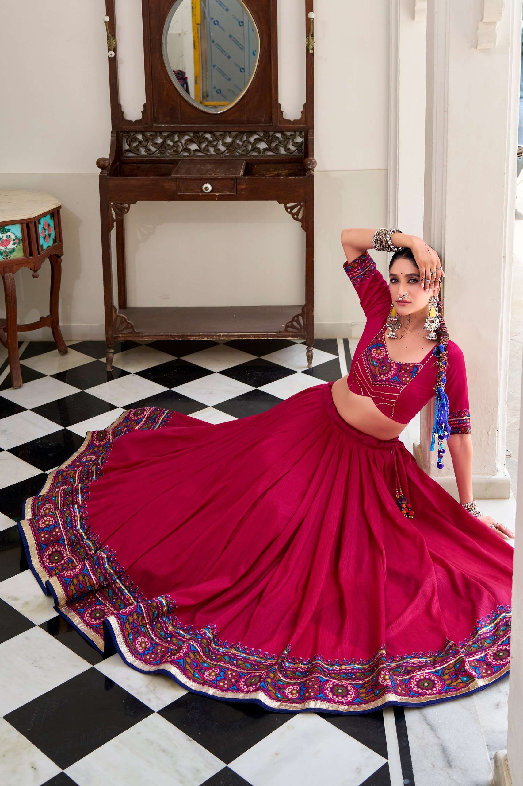 Pink Tassar Silk Gamthi Print Lehenga Choli for Navratri Garba