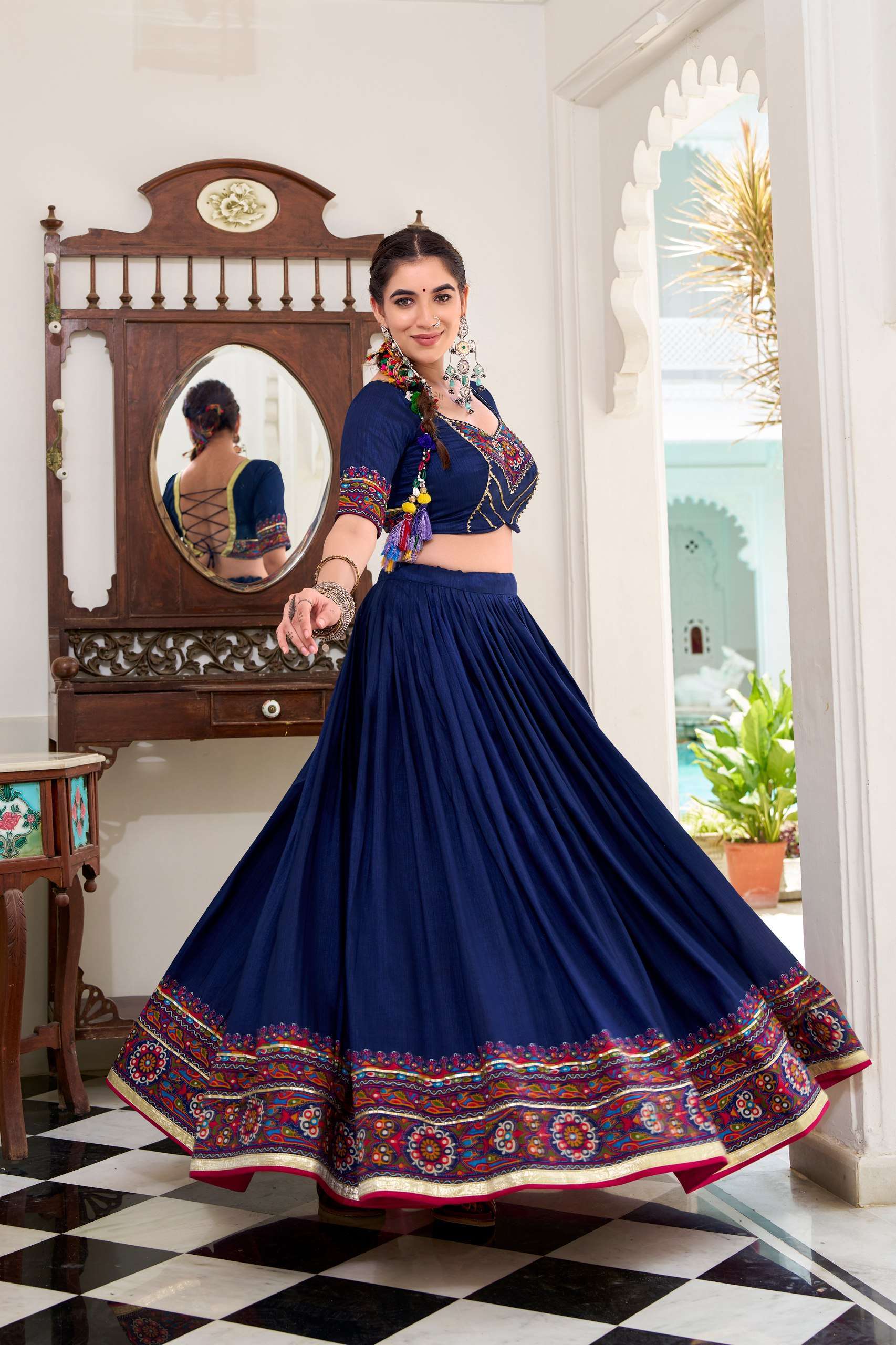 Blue Tassar Silk Gamthi Print Lehenga Choli for Navratri Garba