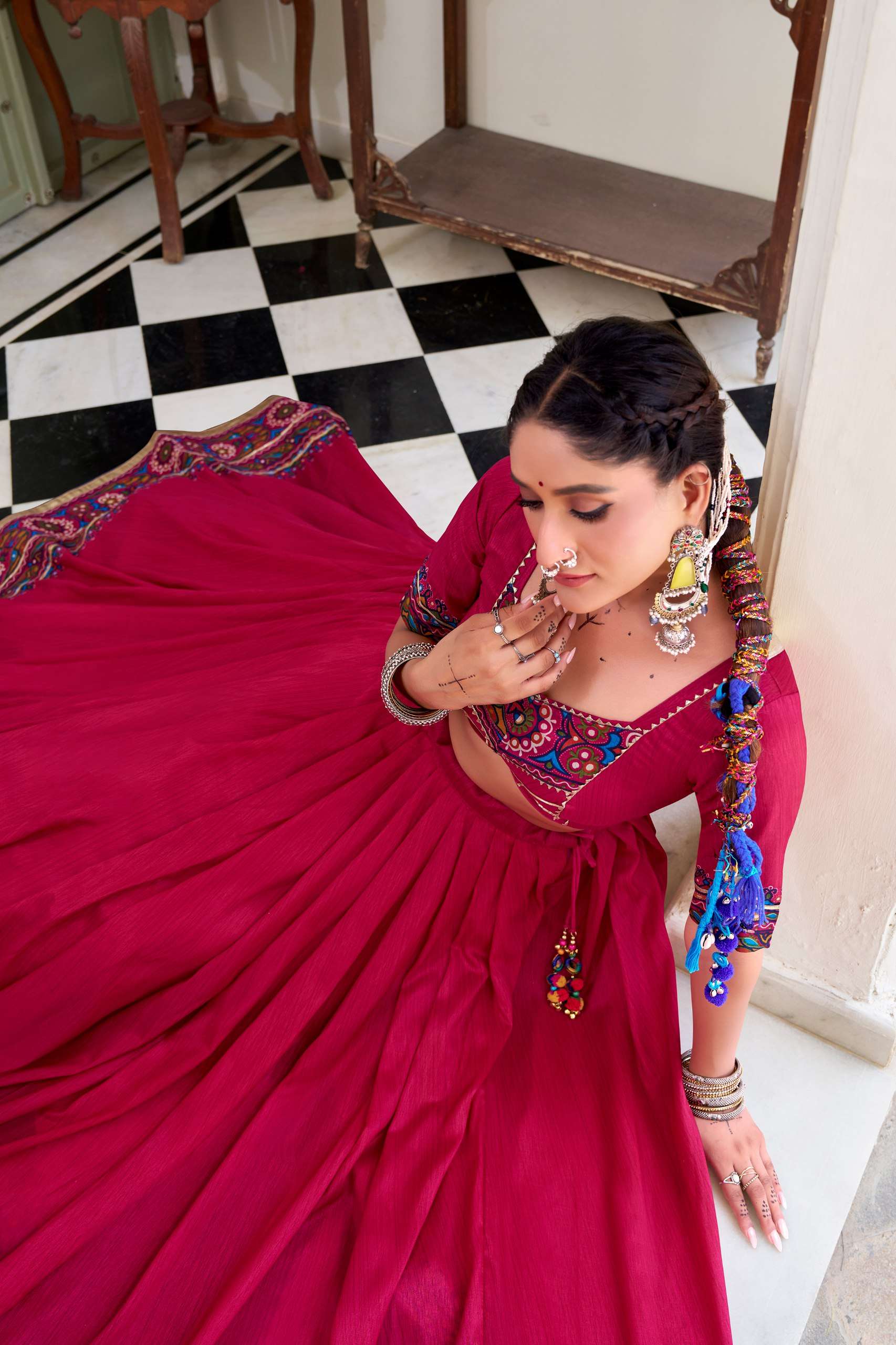 Pink Tassar Silk Gamthi Print Lehenga Choli for Navratri Garba