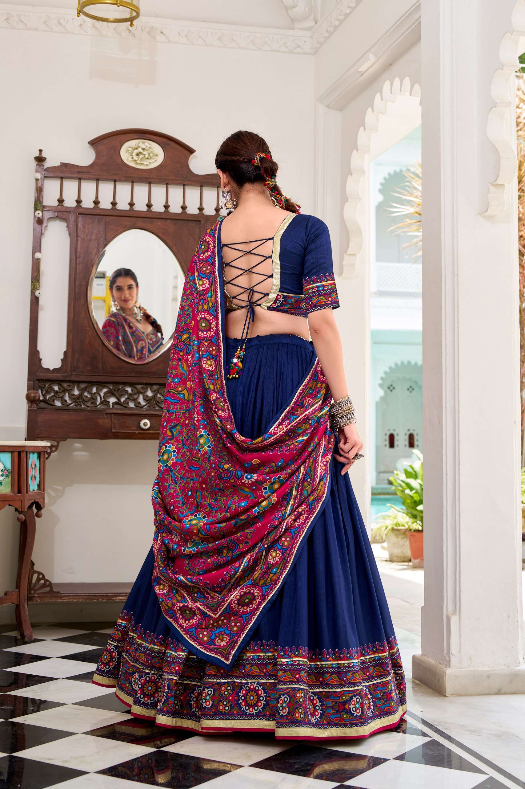 Blue Tassar Silk Gamthi Print Lehenga Choli for Navratri Garba