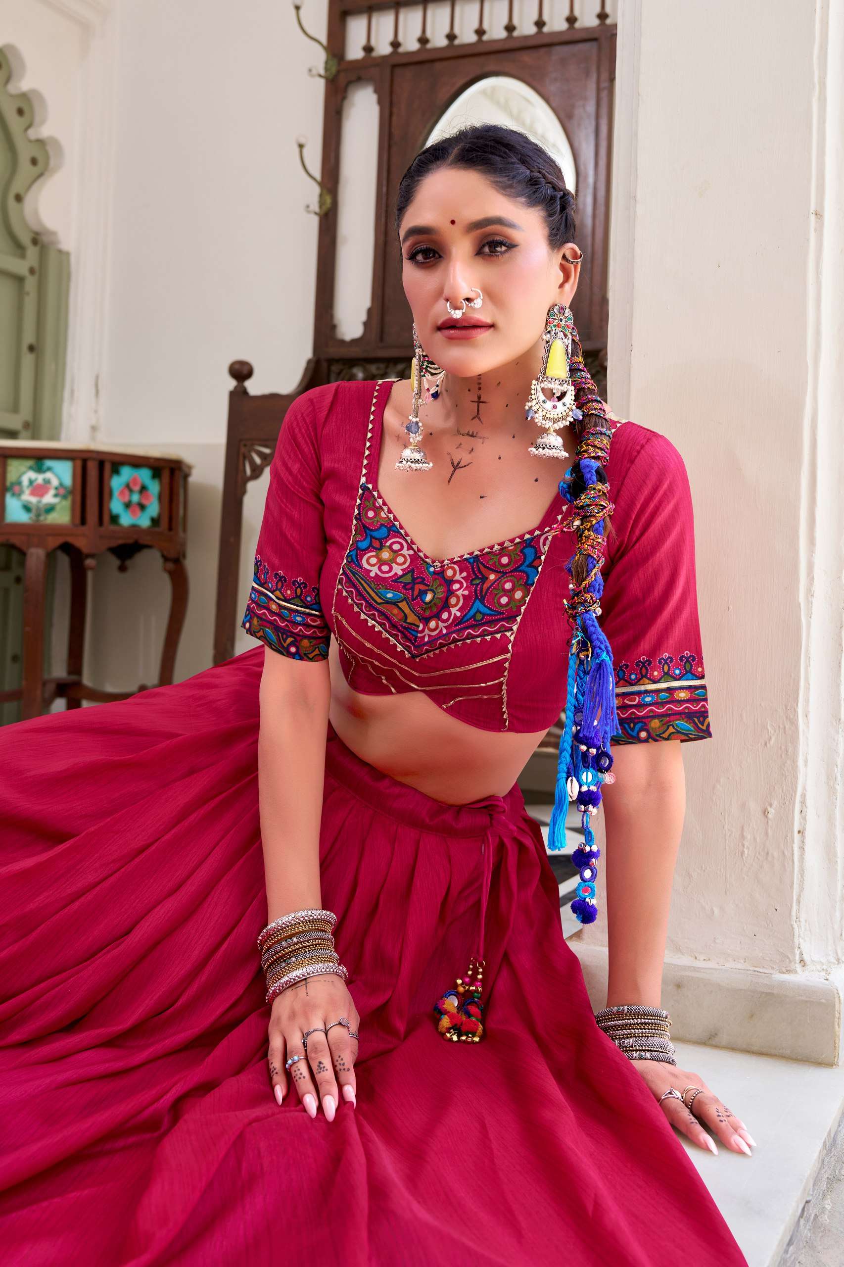 Pink Tassar Silk Gamthi Print Lehenga Choli for Navratri Garba