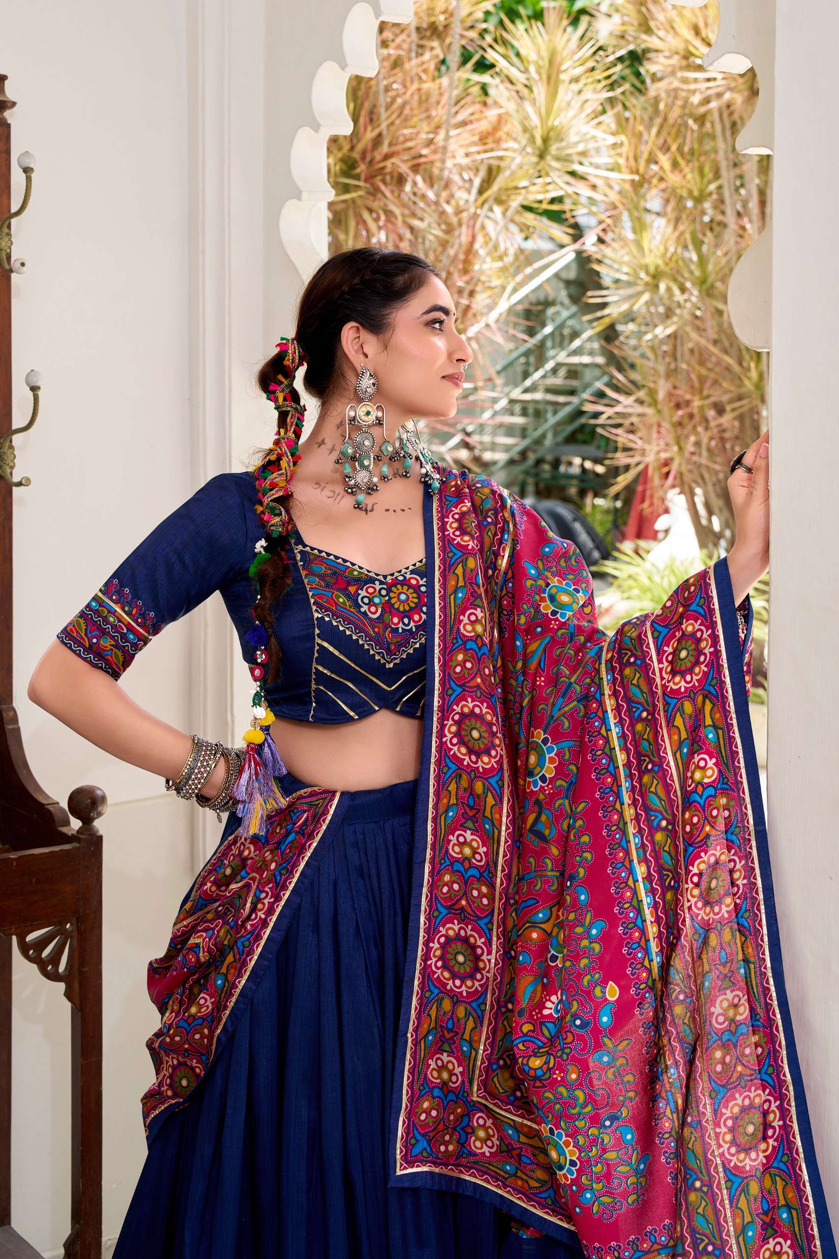 Blue Tassar Silk Gamthi Print Lehenga Choli for Navratri Garba