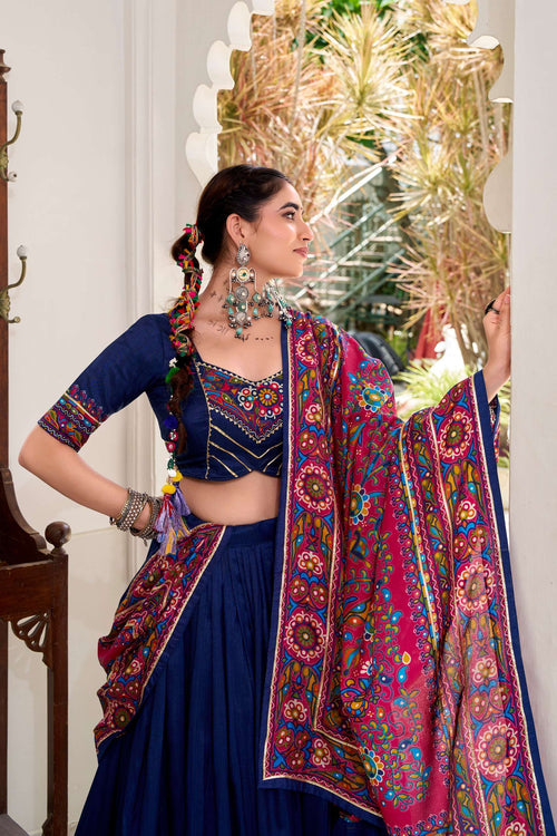 Blue Tassar Silk Gamthi Print Lehenga Choli for Navratri Garba