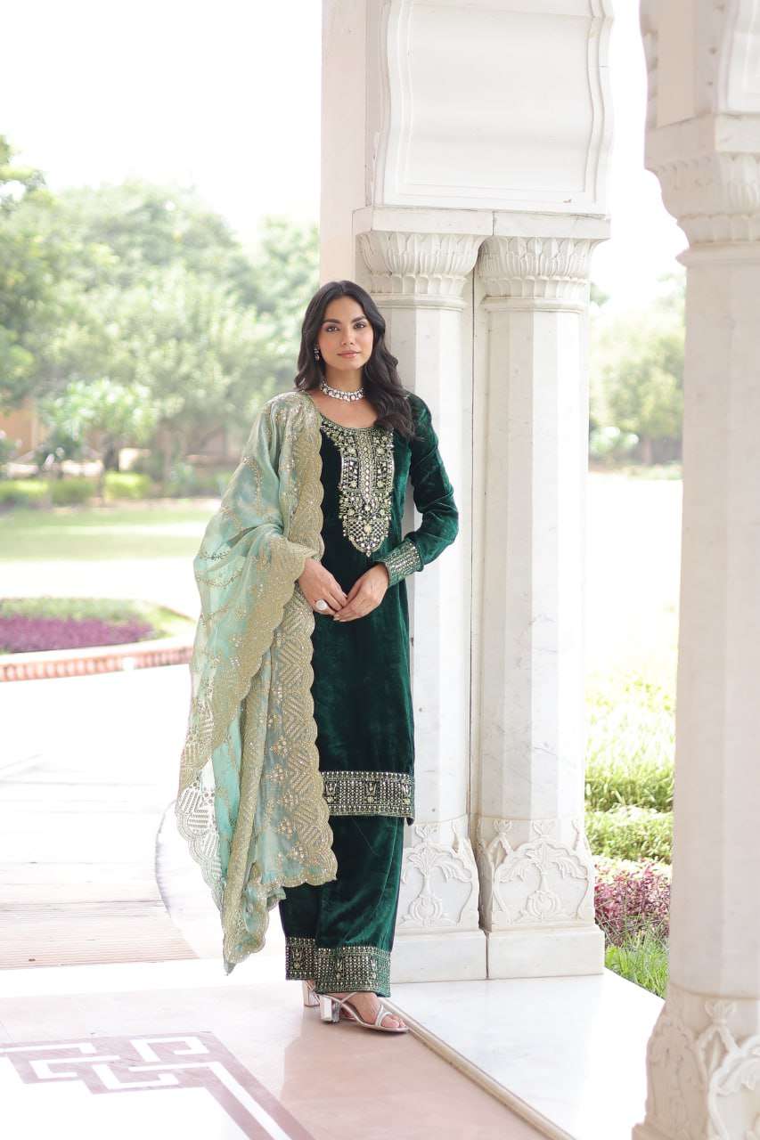 Designer Green Velvet Partywear Set with Sequence â€“ Zari Work