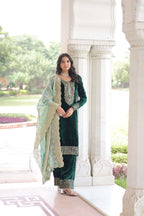 Designer Green Velvet Partywear Set with Sequence â€“ Zari Work